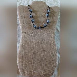 Handmade Blue/White Bead & Black Leather 2-Strand Necklace